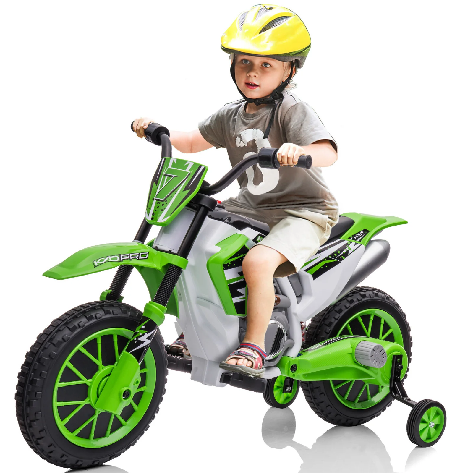 12V Electric Green Kids Ride-On Dirt Bike with Training Wheels - Image 22