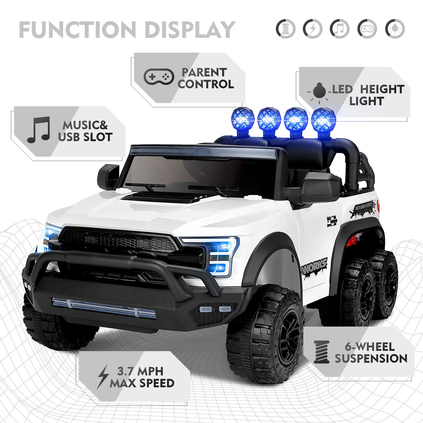 Electric 12V Kids Ride On Pickup Truck with MP3, LED Lights, and 6 Wheels in White and Pink - Image 5