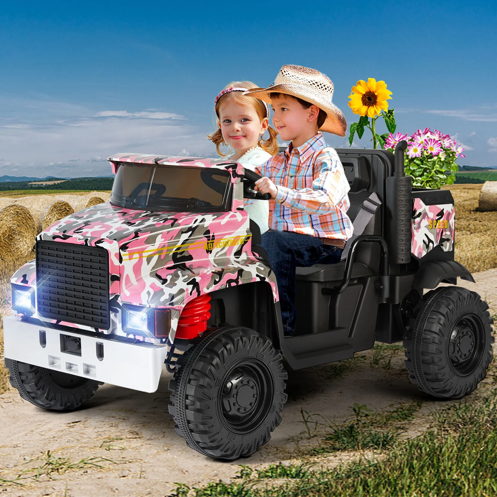 Electric 2-Seater Kids Ride On Truck Tractor with Trailer and Remote Control - 3 Speeds, Pink - Image 5