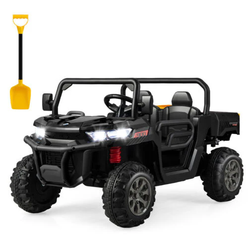Electric 2 Seater UTV Dump Truck with Remote Control, Dump Bed, and Shovel - Black