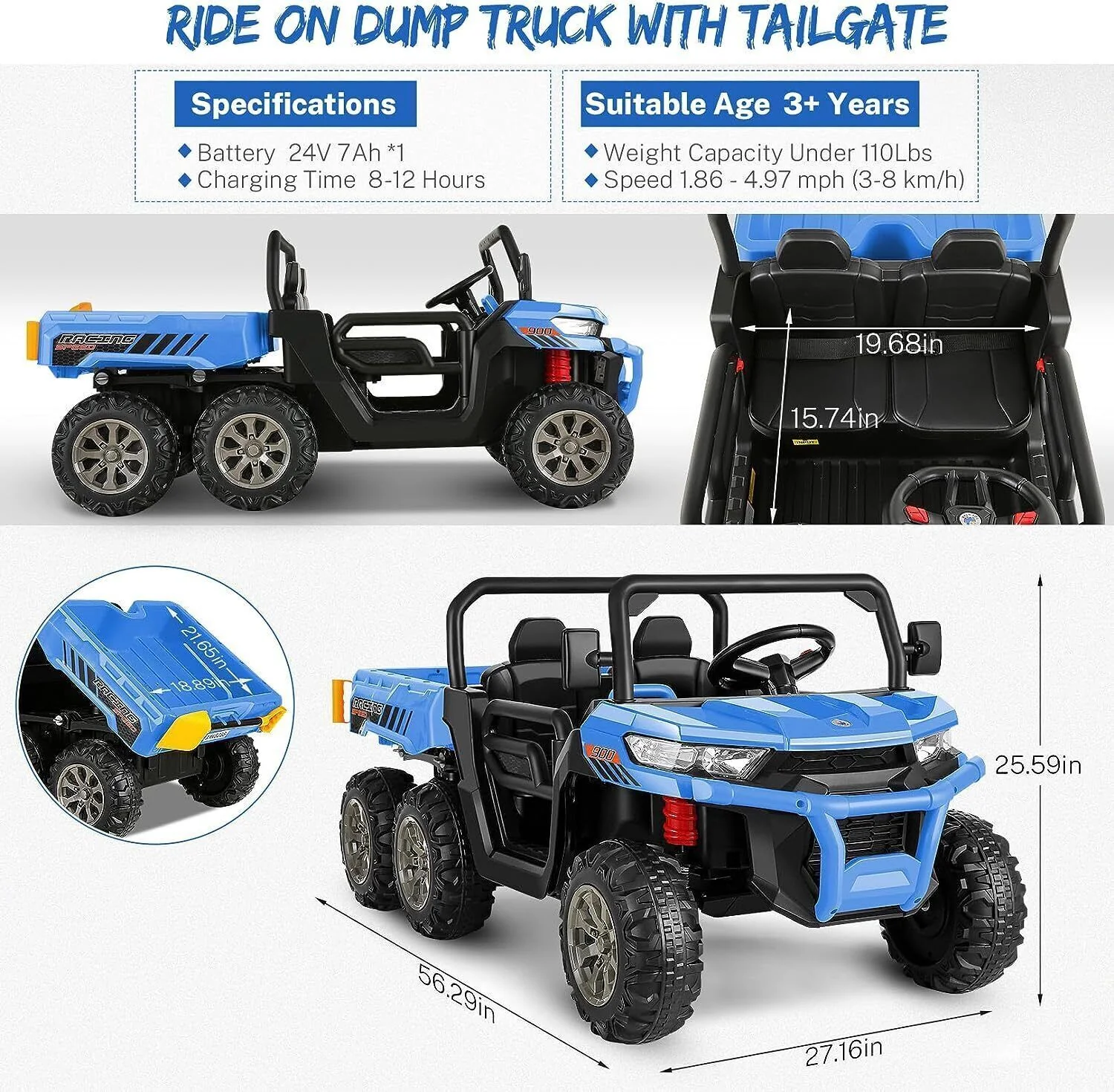 Electric 24V 4WD UTV Dump Truck Car for Kids with Dump Bed - 2 Seater Ride-On Toy - Image 15