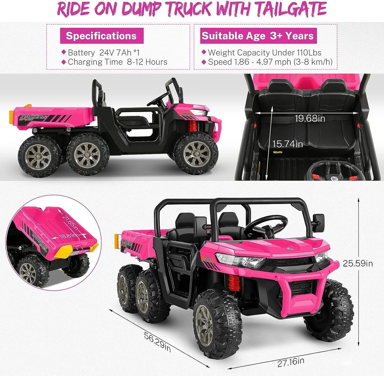 24V Electric Battery-Powered Kids Ride-On 2-Seat Pink Dump Truck with 6 Wheels - Image 6
