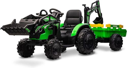 Electric 24V Tractor with Trailer and LED Music - 3-in-1 Kid Ride On Excavator Bulldozer