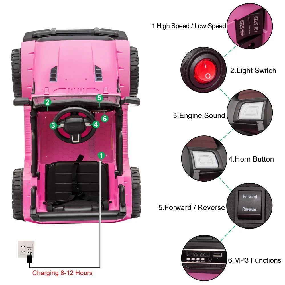 Electric 3-Speed Ride-On Car for Kids with Remote Control - Pink - Image 5