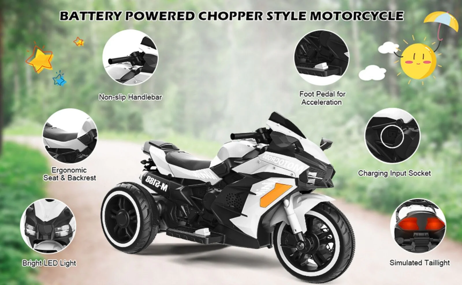 Electric 3-Wheel Kids Motorcycle with Rechargeable Battery - White - Image 3