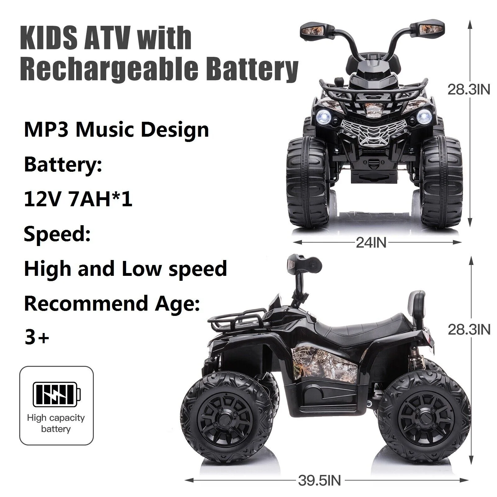 Electric 4-Wheeler Quad for Kids with MP3 and Headlights - 2 Speeds, 12V, Black - Image 9