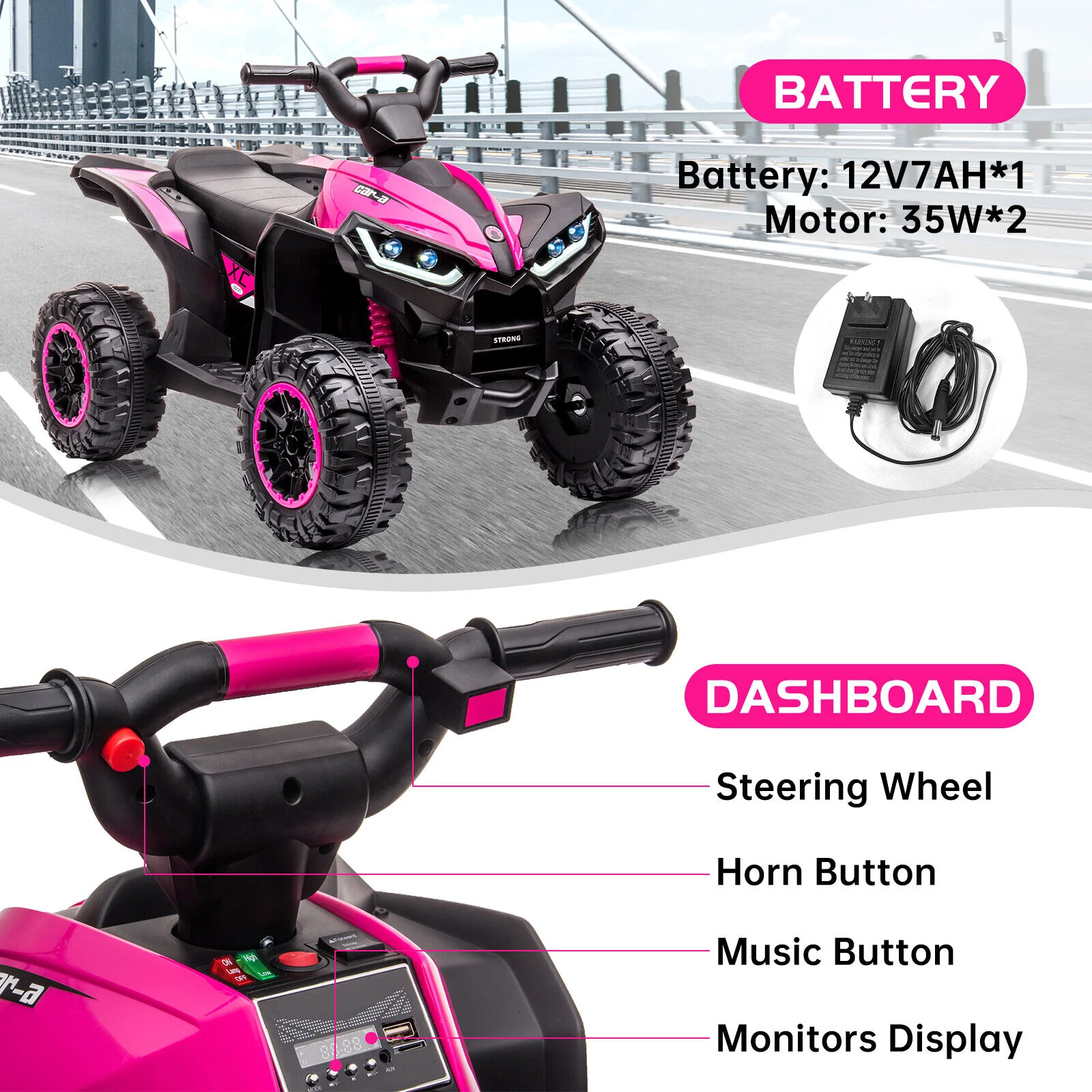 Electric 4-Wheels Car Truck ATV for Kids Ages 3+: 12V Battery Powered Ride On Toy - Image 4