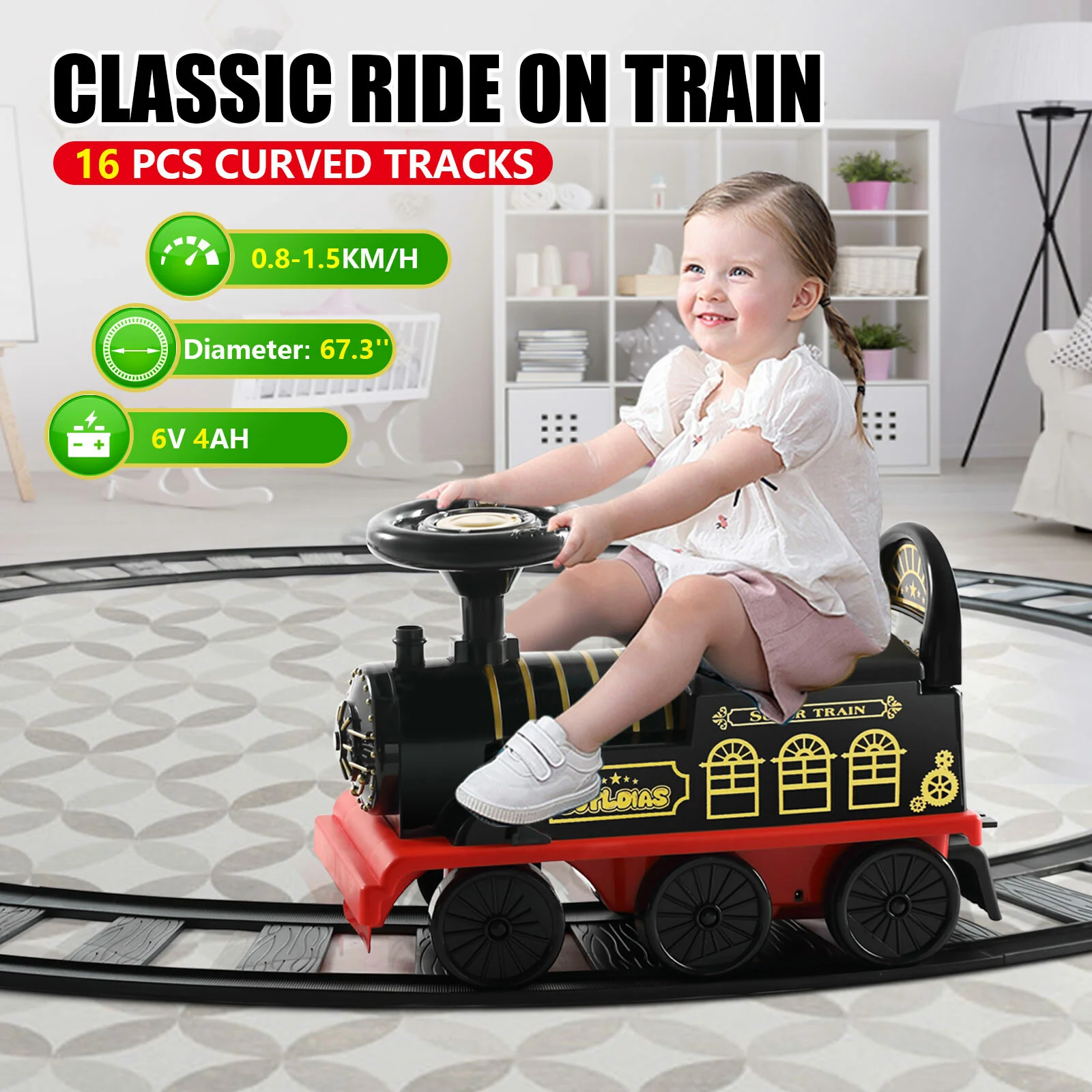 6V Electric Kids Ride-On Train with Track, Lights, Sounds, and Storage Seat Toy Car - Image 22