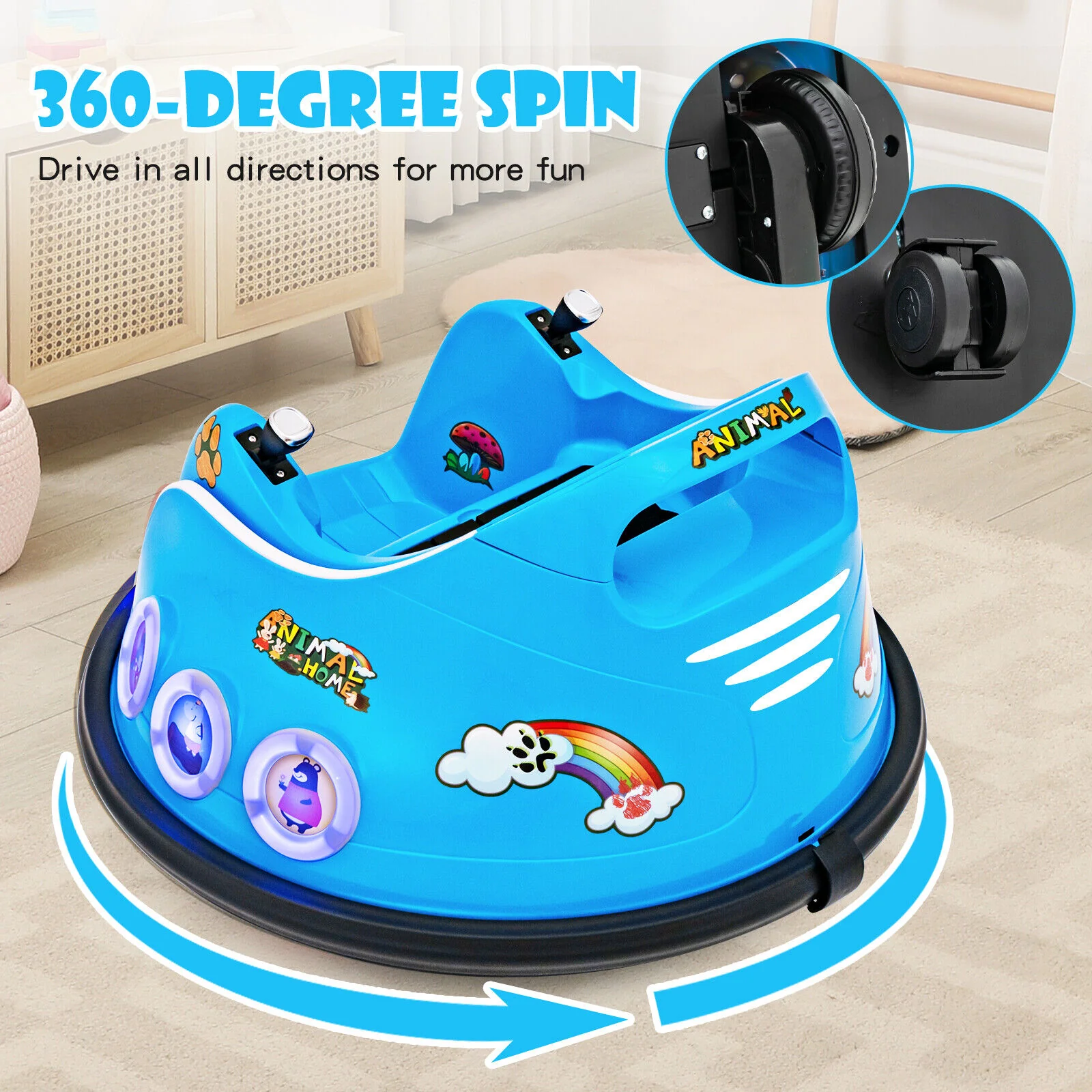 Electric Bumper Car for Kids with Remote Control, LED Lights, and Music - Navy - Image 5