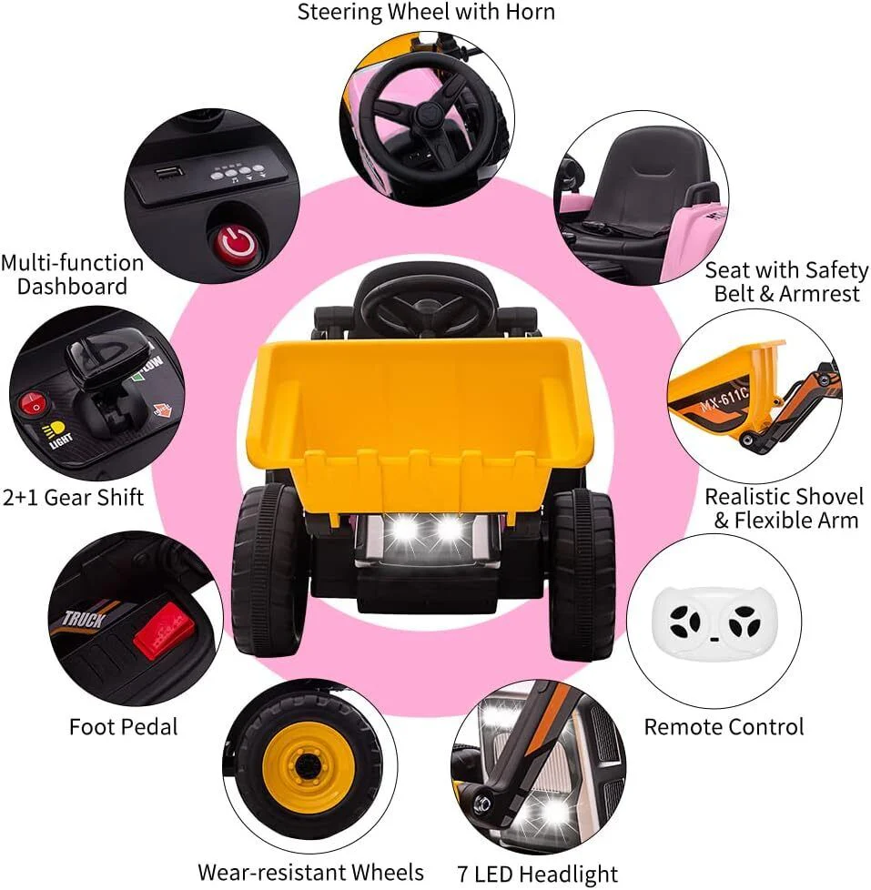 Electric Excavator Truck for Kids with 3 Speeds and Music - 12V Battery Powered Digger Ride-On - Image 7