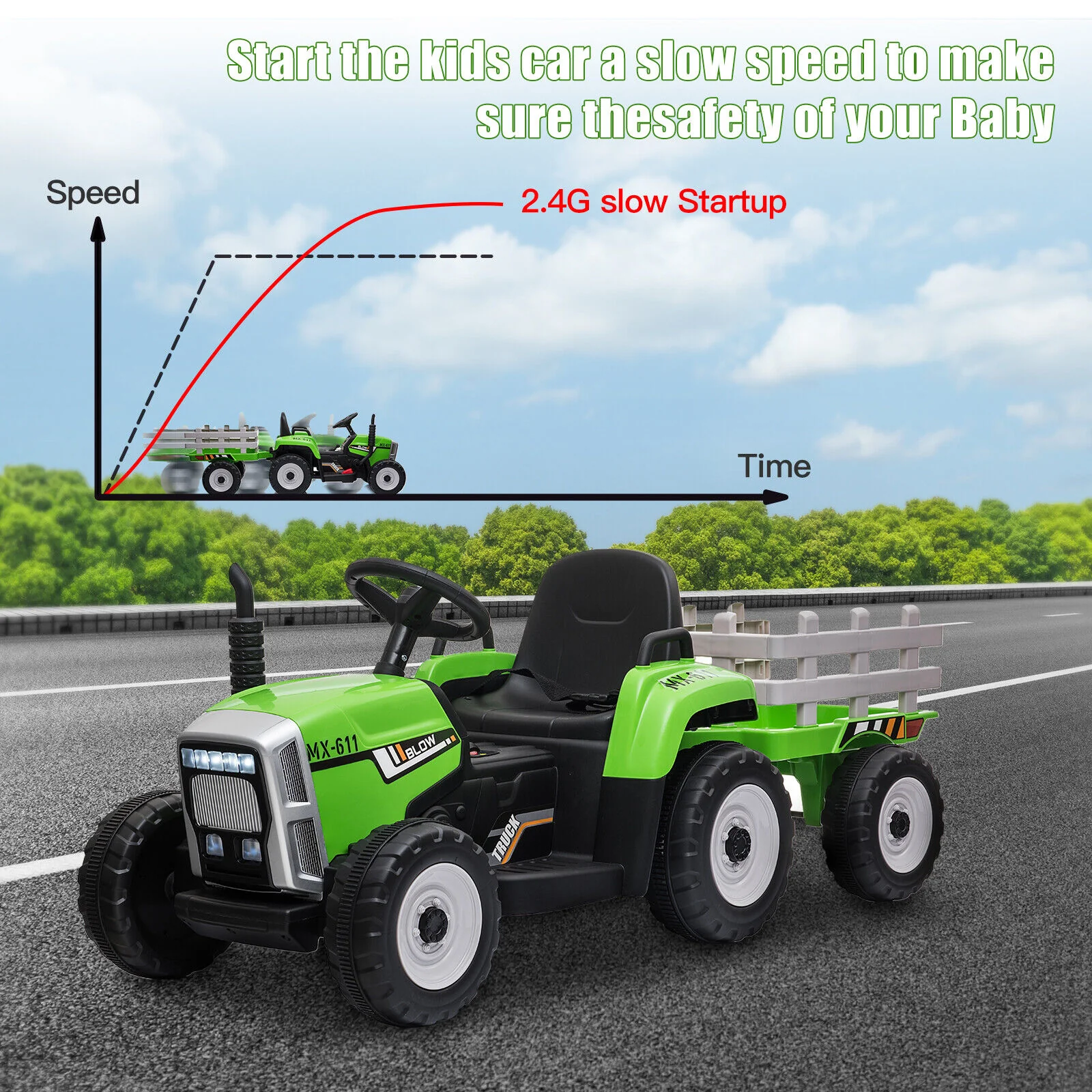 Electric Green Tractor Ride-On Toy for Kids with Remote Control and Trailer - 3 Speed Options - Image 2