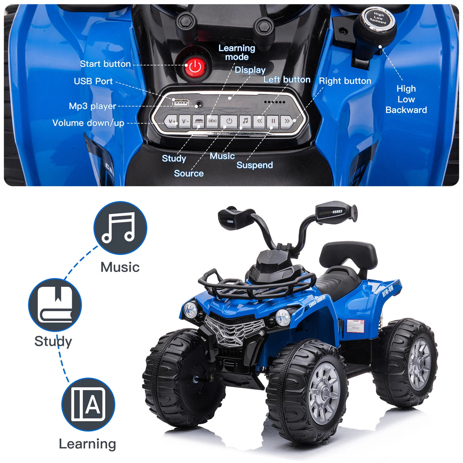 Electric Kids ATV Ride On Car with Music and LED Lights - Black Quad 4-Wheeler for Endless Fun - Image 3