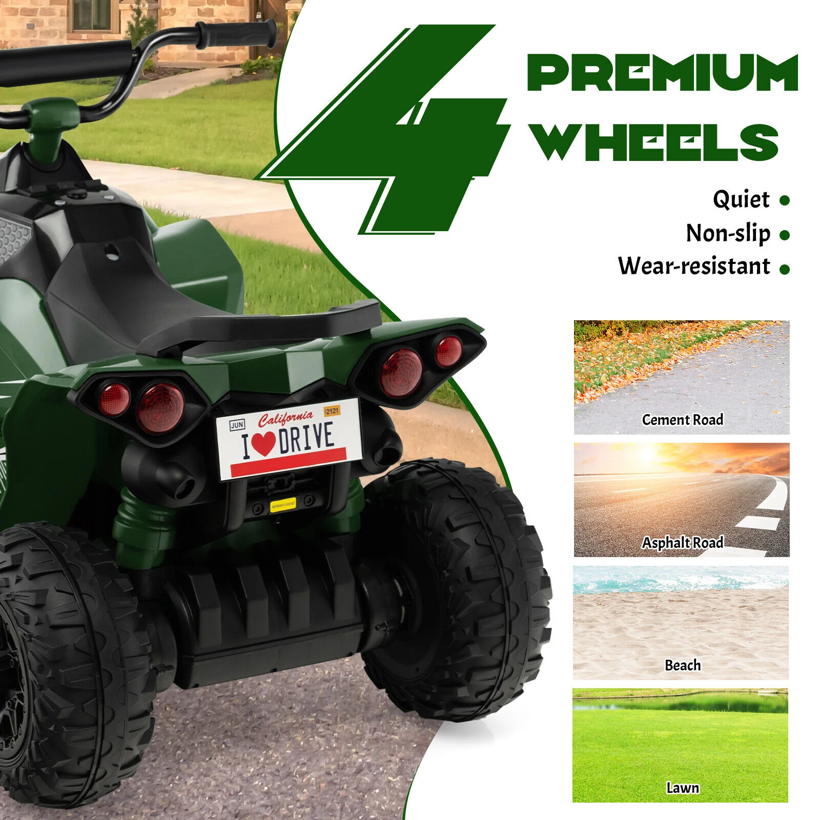 Electric Kids ATV with Headlights, Music, and Green Design - 12V Battery Powered - Image 8