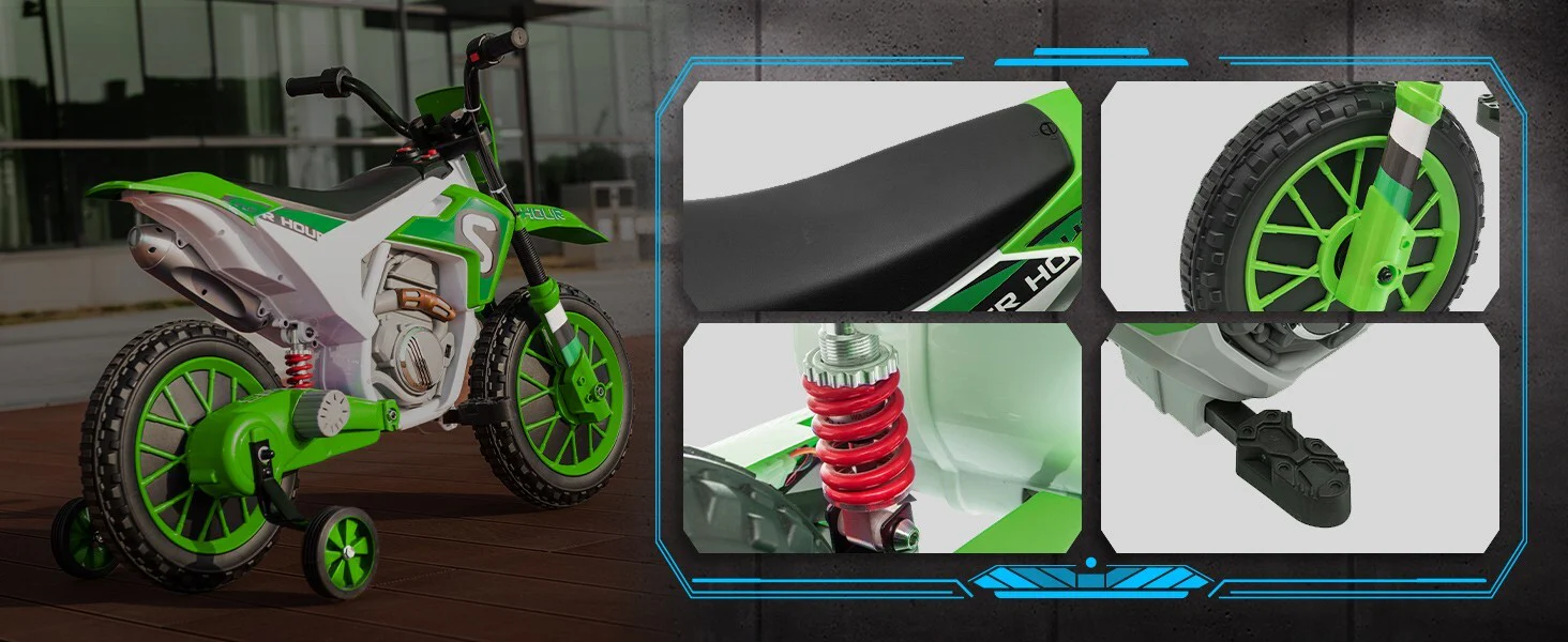 12V Electric Kids Green Dirt Bike with Dual Shock Battery Ride-On Toy Motorcycle - Image 16