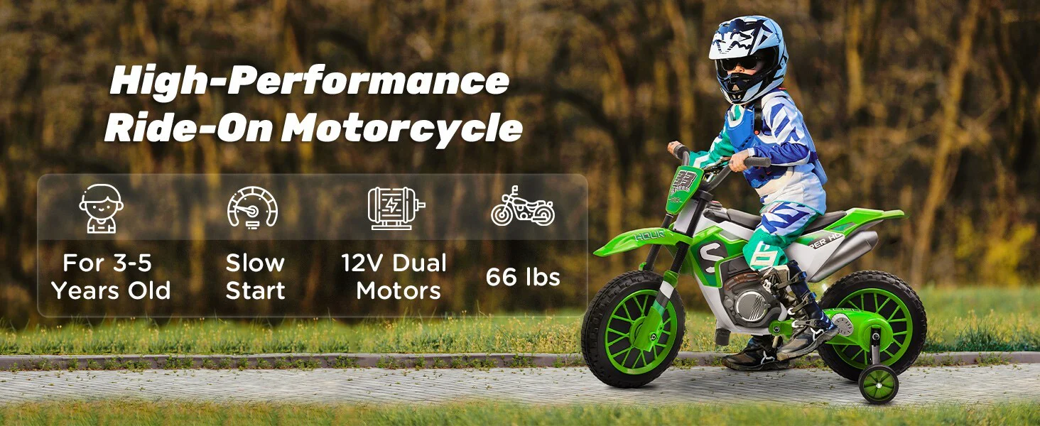 12V Electric Kids Green Dirt Bike with Dual Shock Battery Ride-On Toy Motorcycle - Image 9