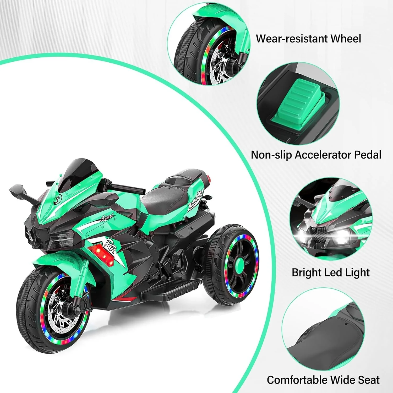 12V Green Electric Kids Motorcycle with LED Lights and Bluetooth Music Ride-On Toy - Image 15