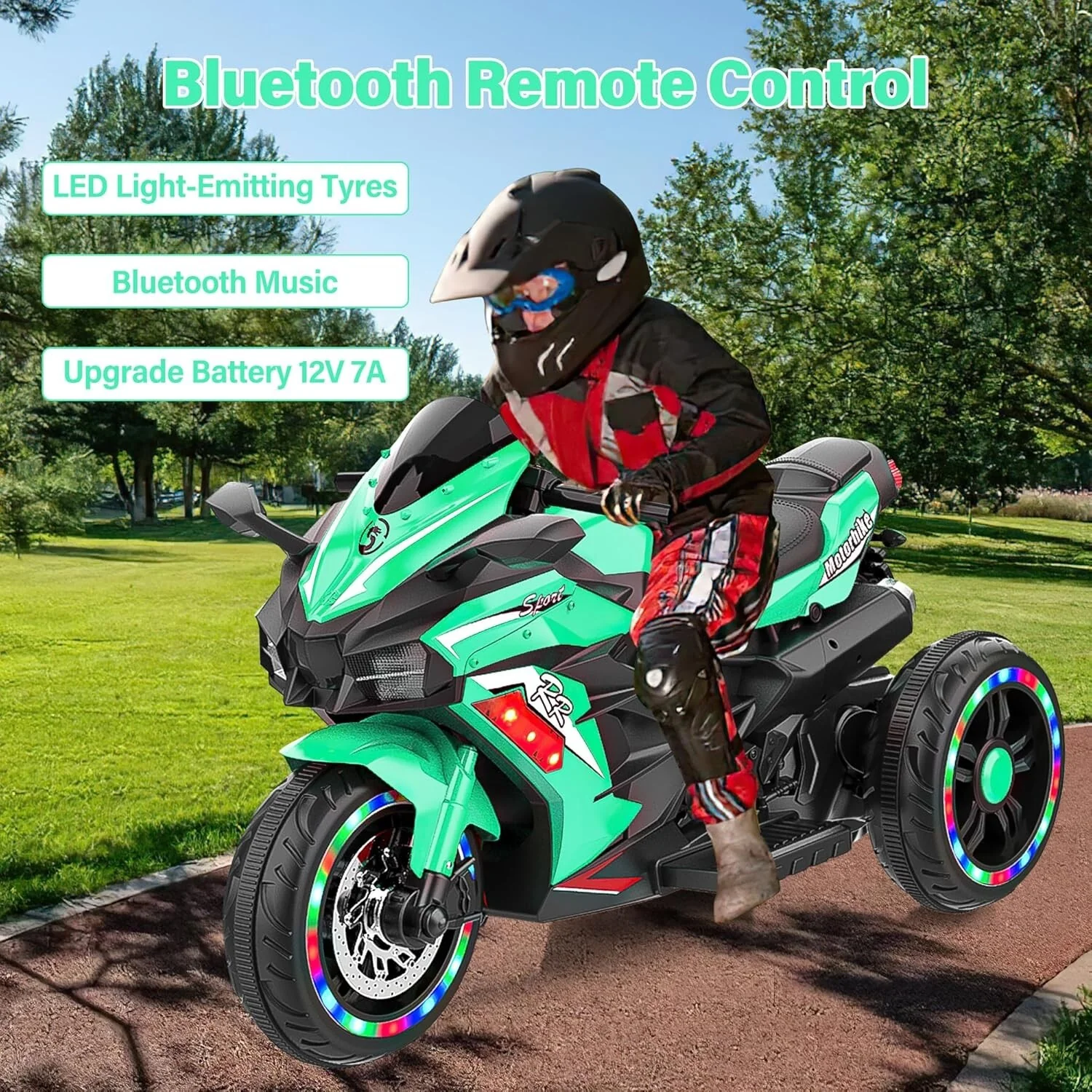 12V Green Electric Kids Motorcycle with LED Lights and Bluetooth Music Ride-On Toy - Image 16