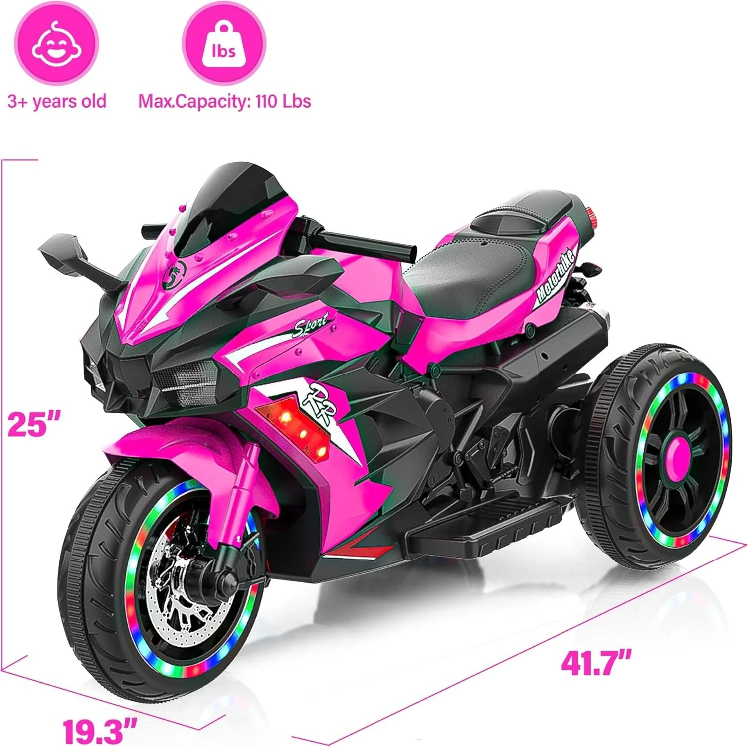 12V Pink Electric Kids Motorcycle with LED Lights and Bluetooth Music Ride-On Toy - Image 15