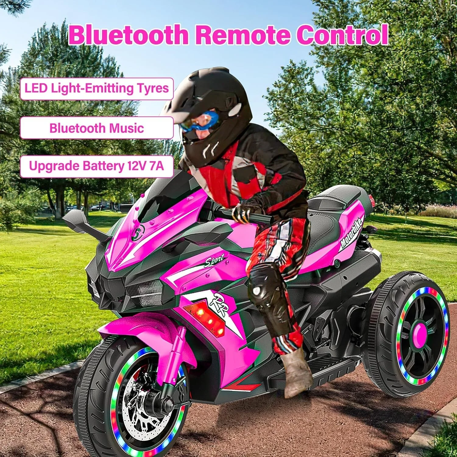 12V Pink Electric Kids Motorcycle with LED Lights and Bluetooth Music Ride-On Toy - Image 8