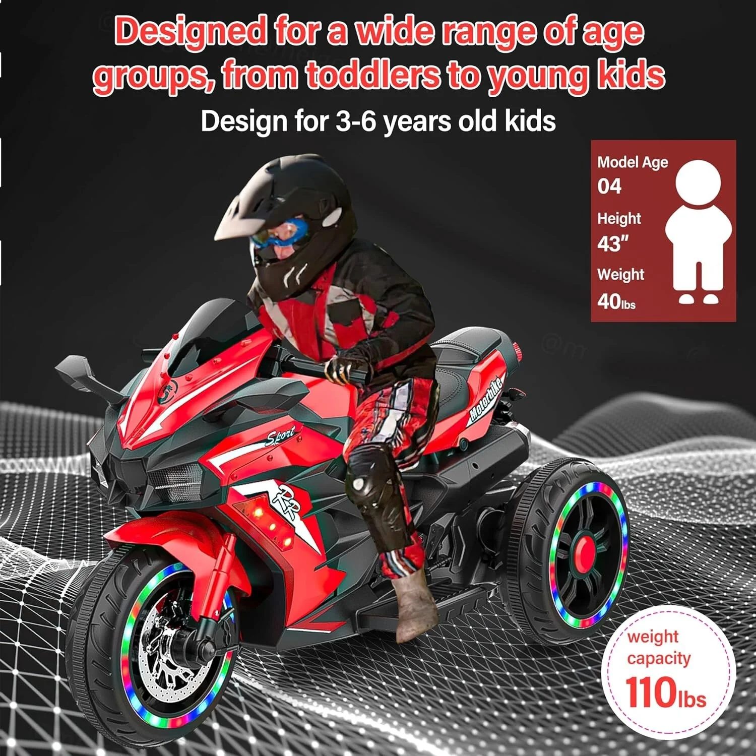 12V Red Electric Kids Motorcycle with LED Lights and Bluetooth Music - Image 4