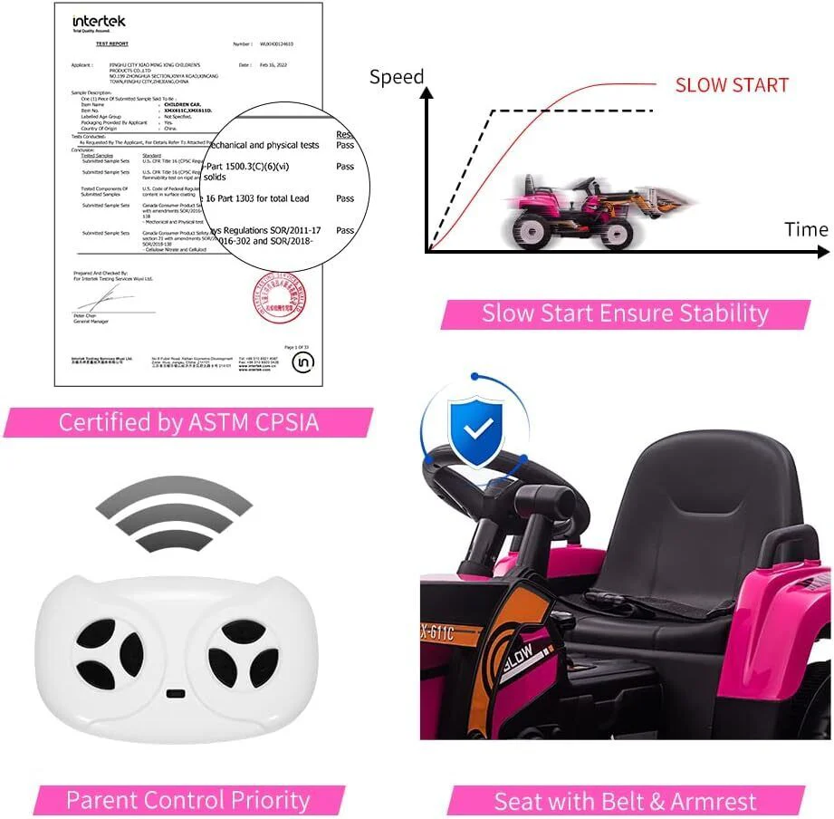 Electric Kids Ride-On Excavator with Remote Control - Rose Red - Image 7