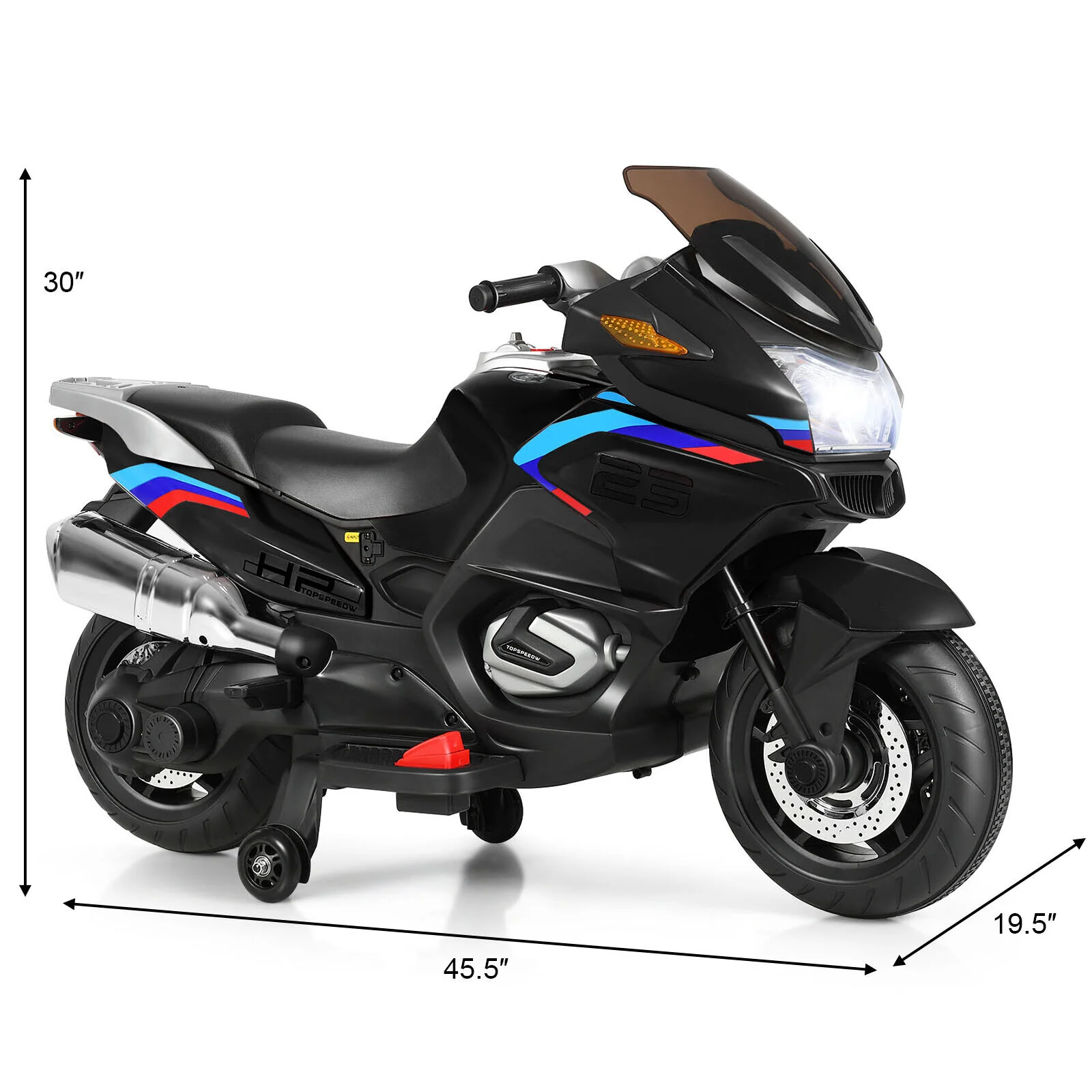 Electric Kids Ride-On Motorcycle with Training Wheels and Lights - Black - Image 2