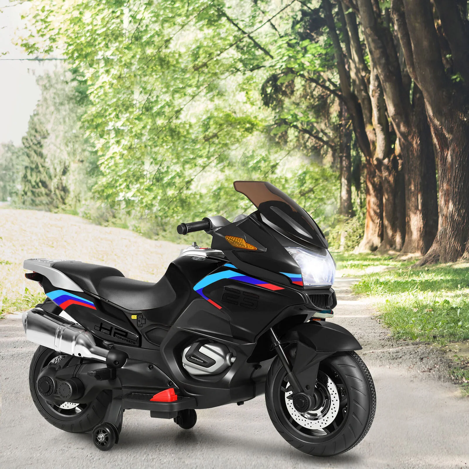 Electric Kids Ride On Motorcycle with Training Wheels - Black (12V) - Image 3