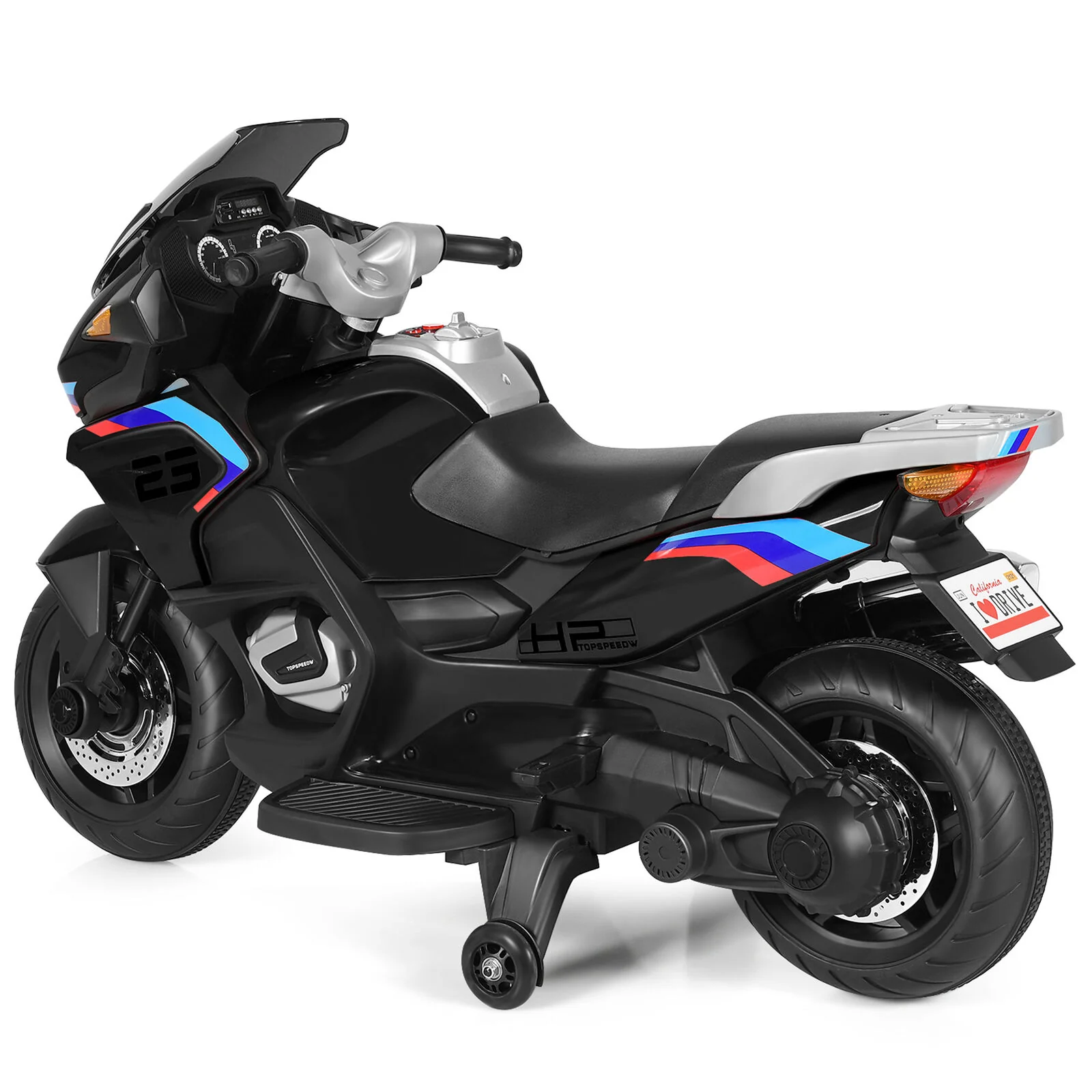 Electric Kids Ride On Motorcycle with Training Wheels - Black (12V) - Image 6