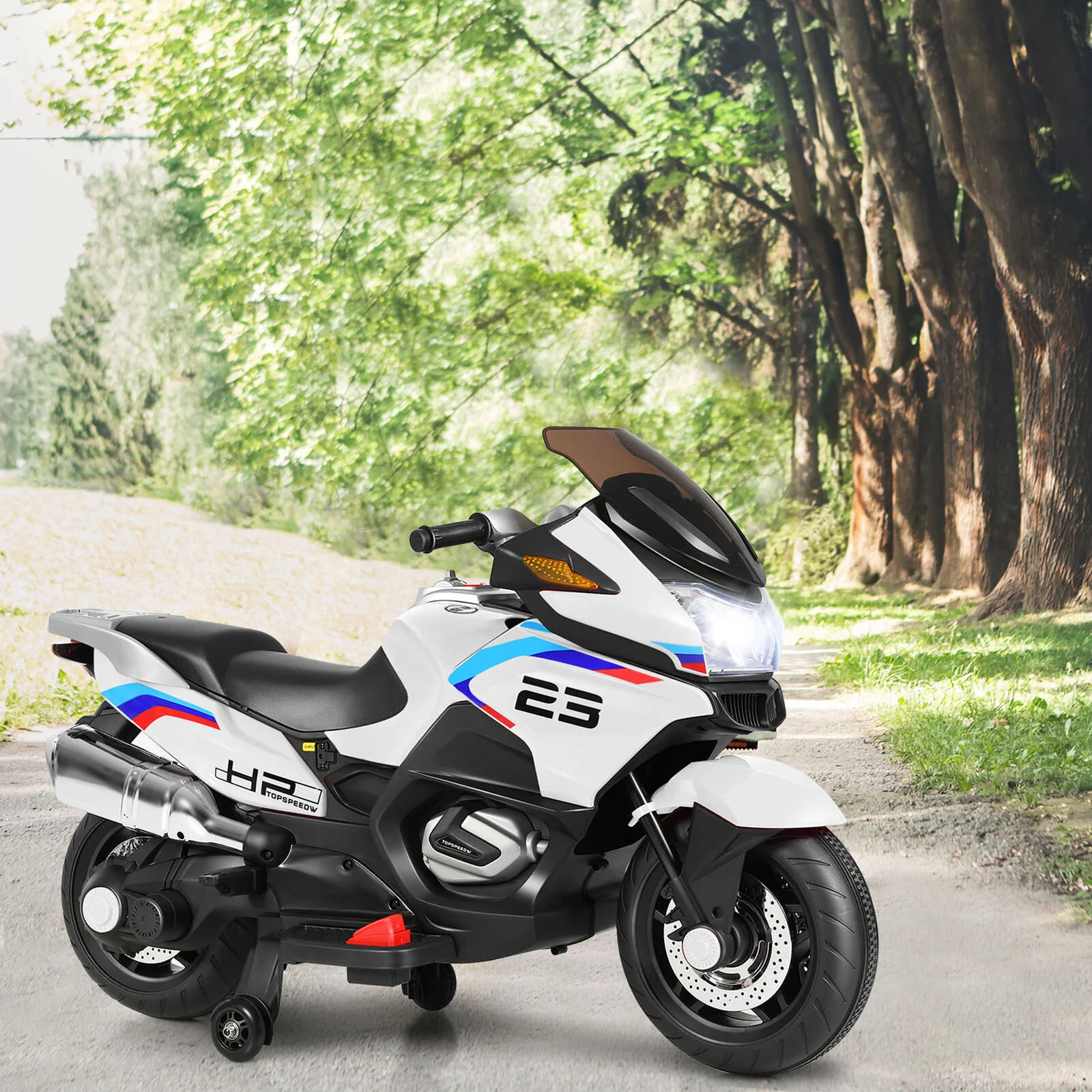 Electric Kids Ride On Motorcycle with Training Wheels - White (12V) - Image 3
