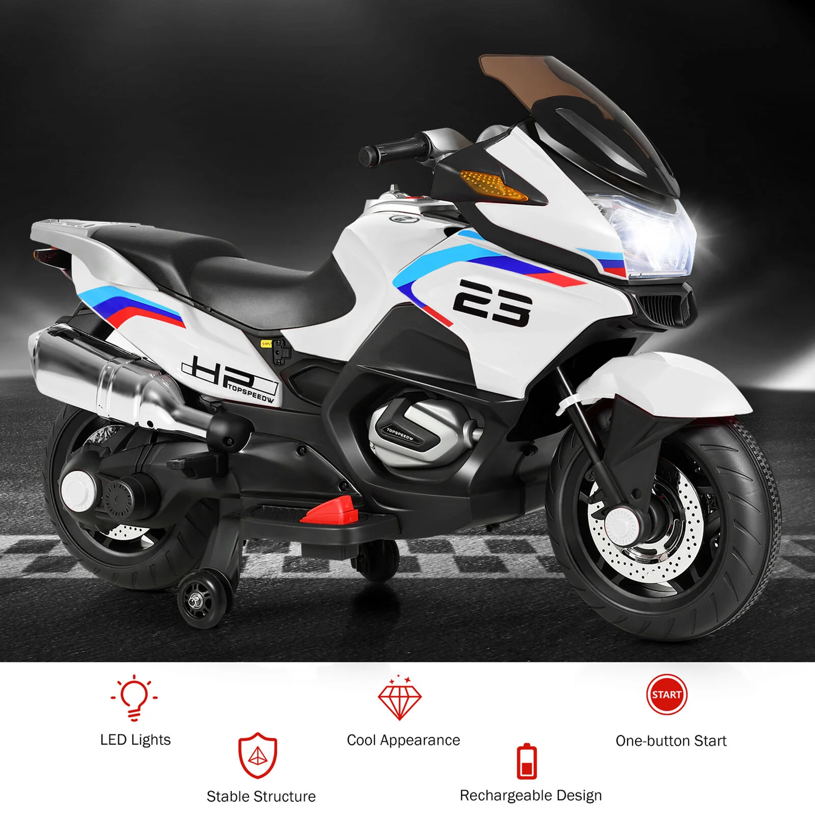 Electric Kids Ride On Motorcycle with Training Wheels - White (12V) - Image 7