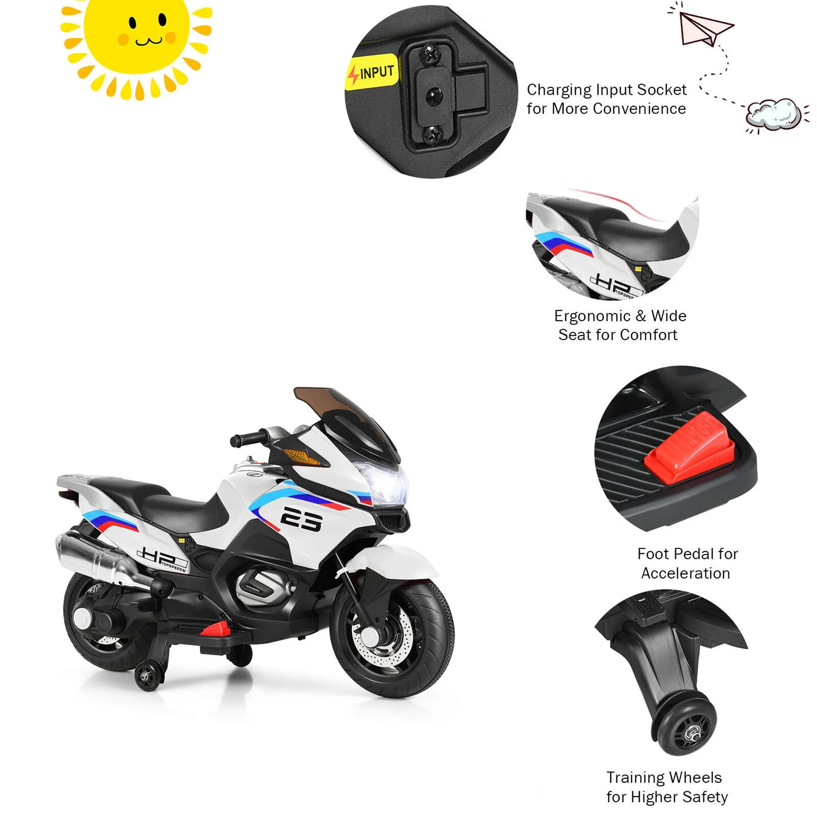 Electric Kids Ride On Motorcycle with Training Wheels - White (12V) - Image 9