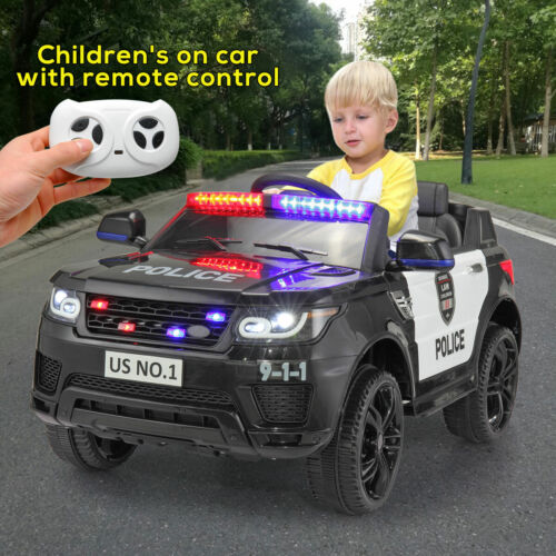 Electric Kids Ride On Police Car with Remote Control, Flashing Lights, and Horn - Black - Image 2