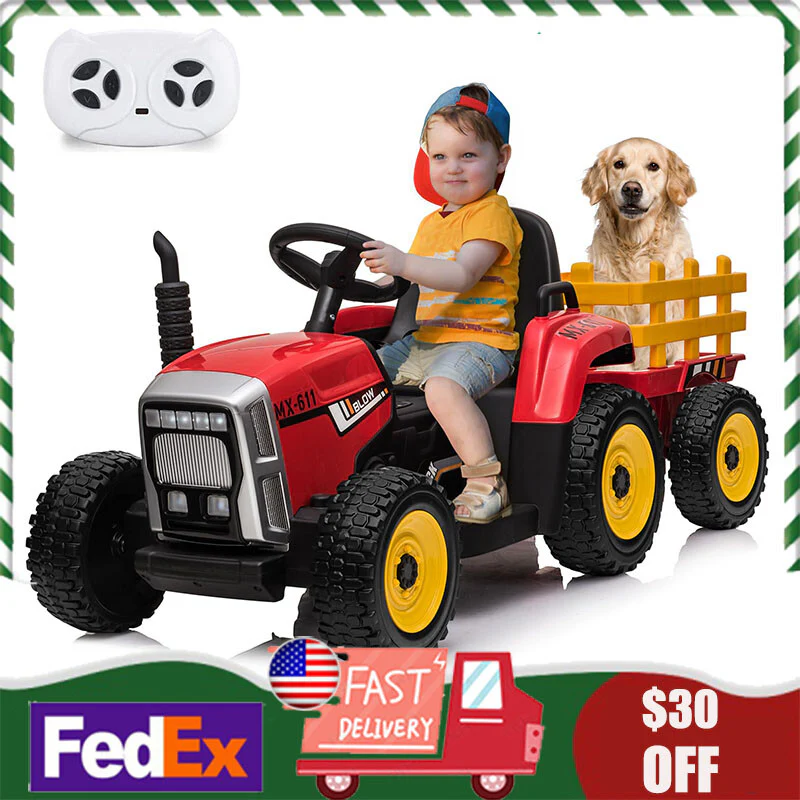12V Battery-Powered Electric Kids Ride-On Tractor with Trailer and Remote Control Toy Car - Image 7