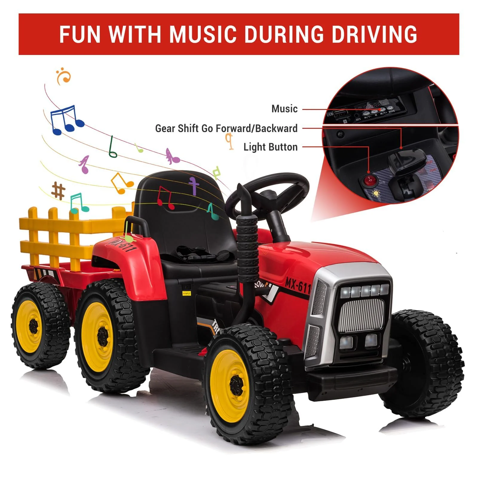 12V Battery-Powered Electric Kids Ride-On Tractor with Trailer and Remote Control Toy Car - Image 9