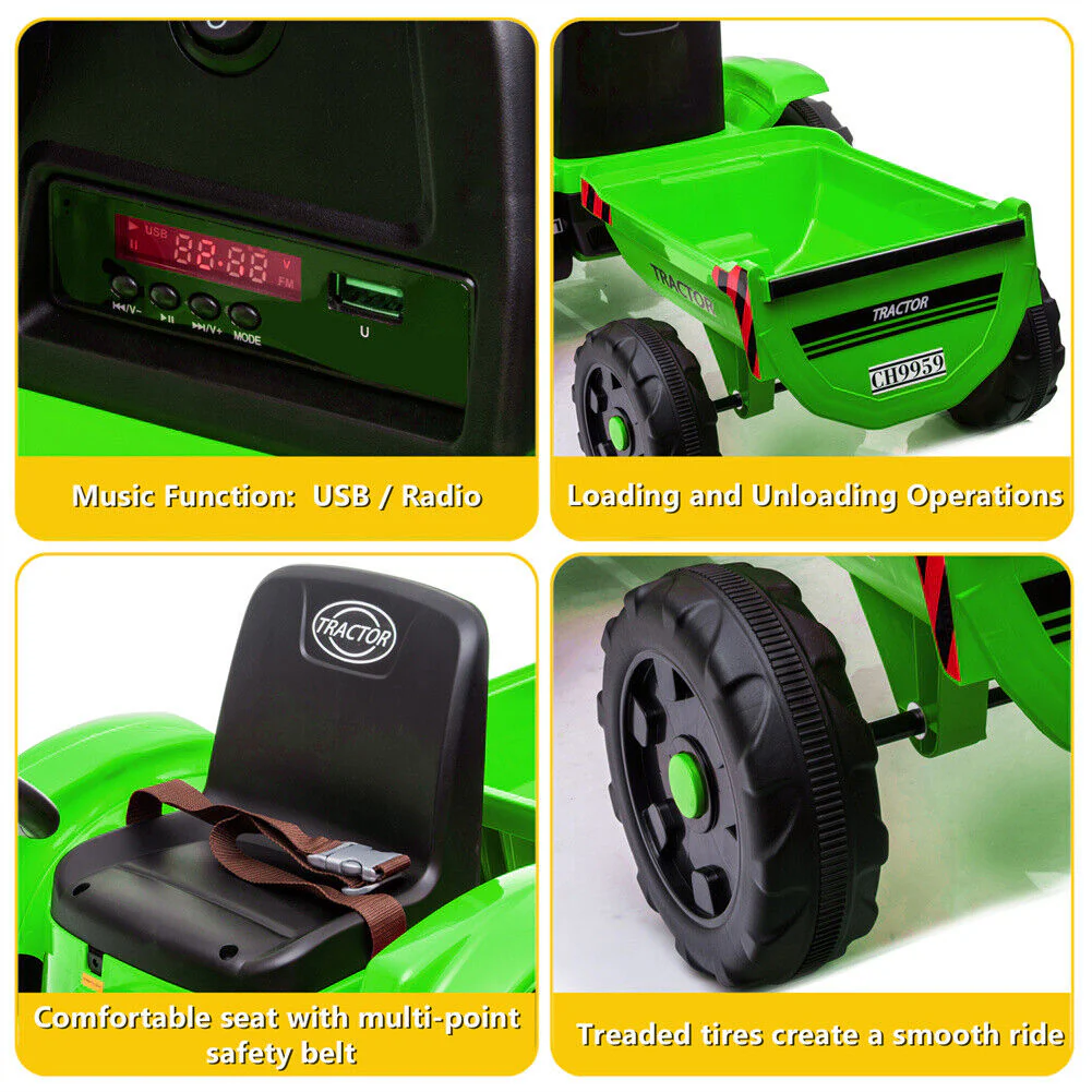 Electric Kids Ride-On Tractor with Trailer and Remote Control - 12V Battery-Powered - Image 11