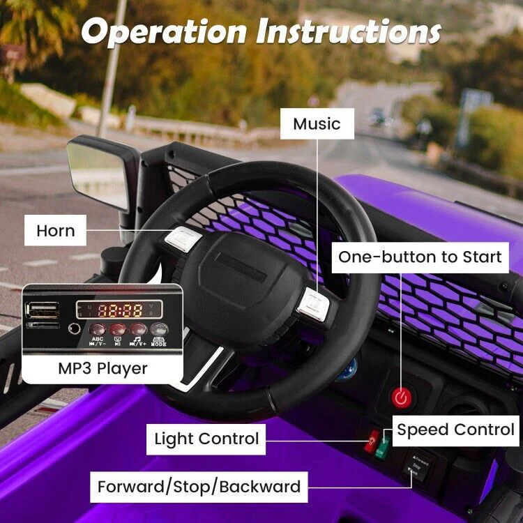 Electric Kids Ride On Truck Car with Remote Control and 3-Speeds - Purple with Headlights - Image 7
