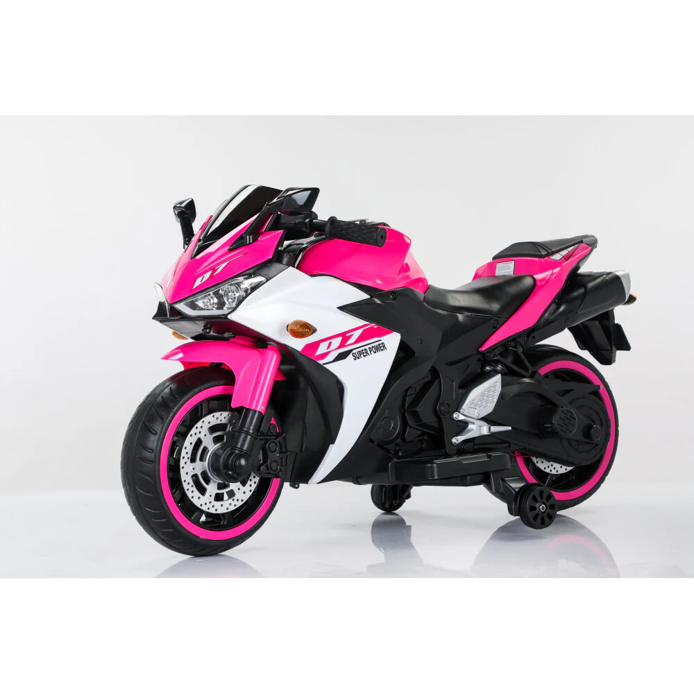 Electric Pink Motorcycle with Training Wheels and Manual Hand Throttle Drive - Image 5