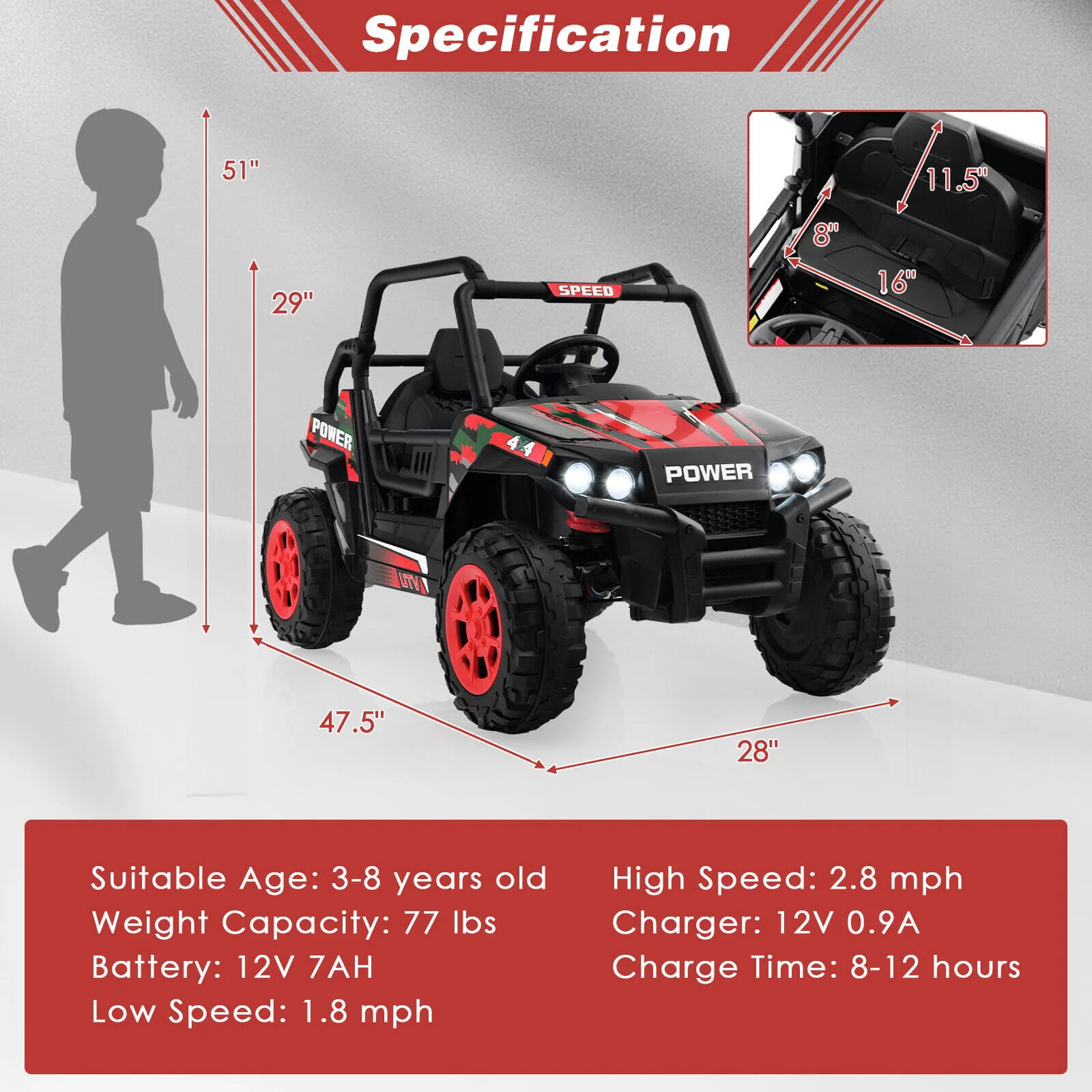 Electric Off-Road UTV Ride-On Truck for Kids with Remote Control, LED Lights, and Music - Red - Image 2