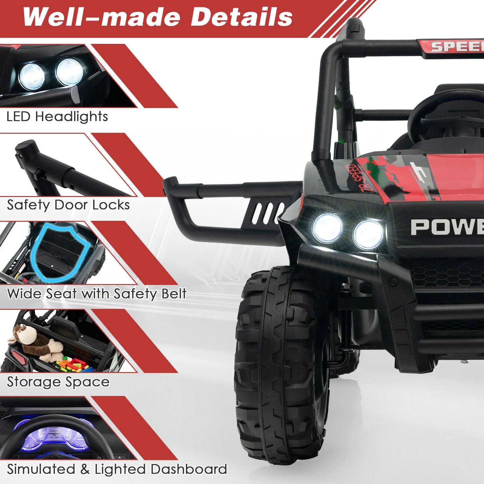 Electric Off-Road UTV Ride-On Truck for Kids with Remote Control, LED Lights, and Music - Red - Image 9