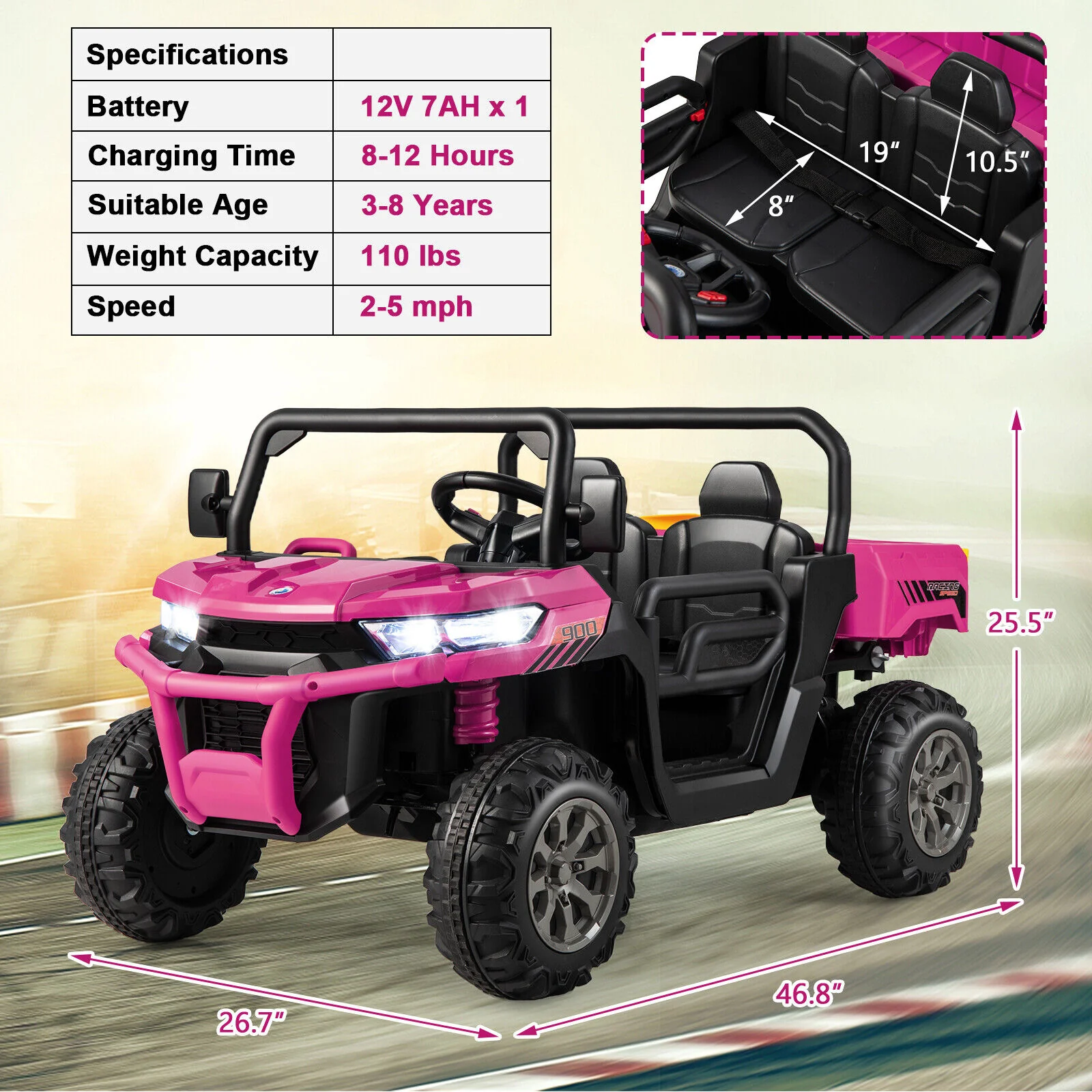 Electric Pink 2 Seater UTV Dump Truck with Remote Control and Functional Dump Bed - Image 2