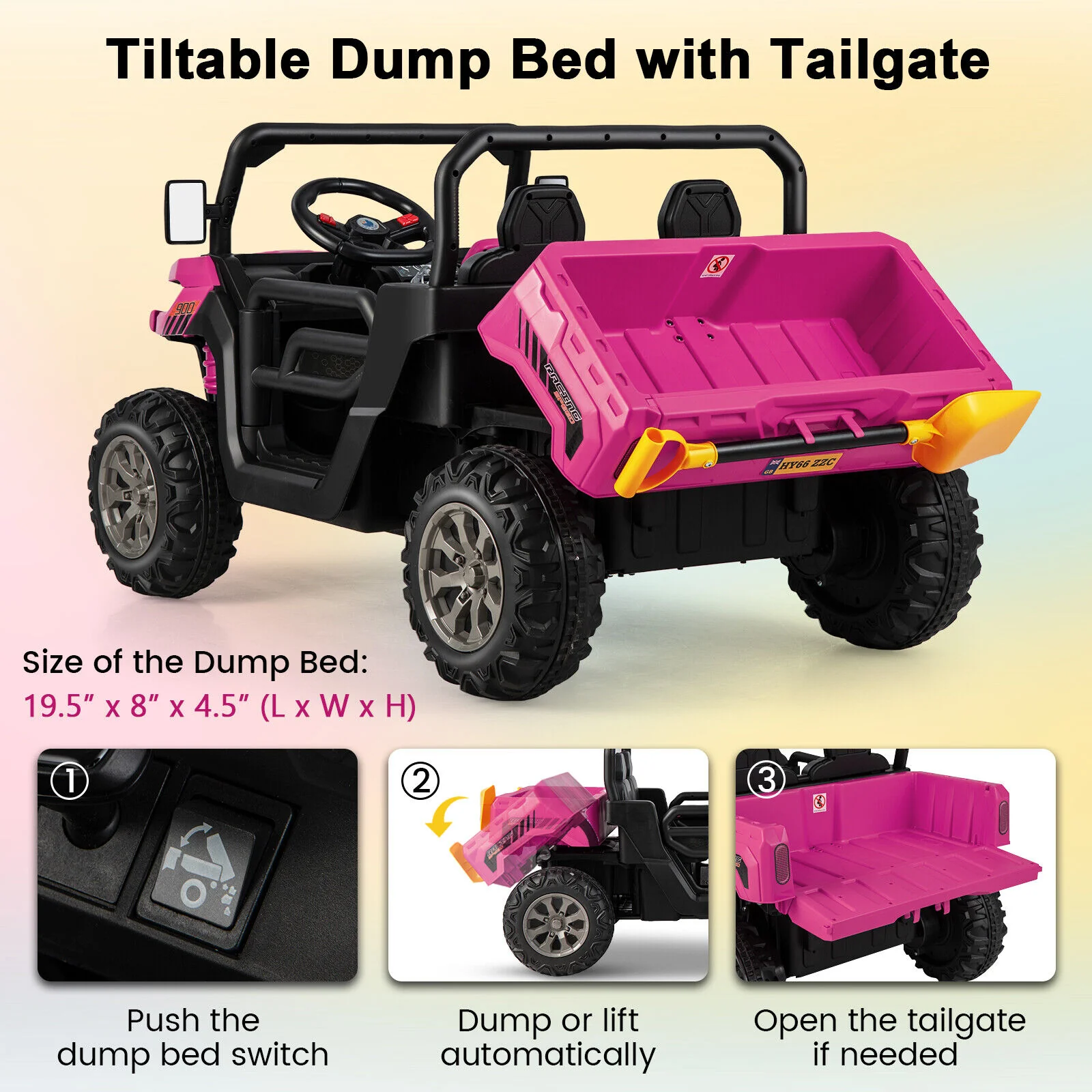 Electric Pink 2 Seater UTV Dump Truck with Remote Control and Functional Dump Bed - Image 9