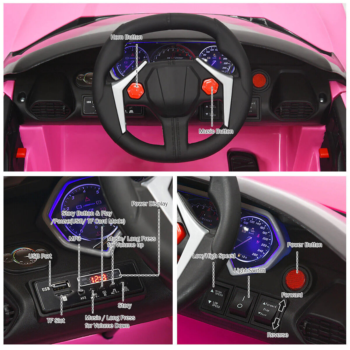 Electric Pink Ride-On Car for Kids with Remote Control, Lights, Music, and Openable Doors - Image 11