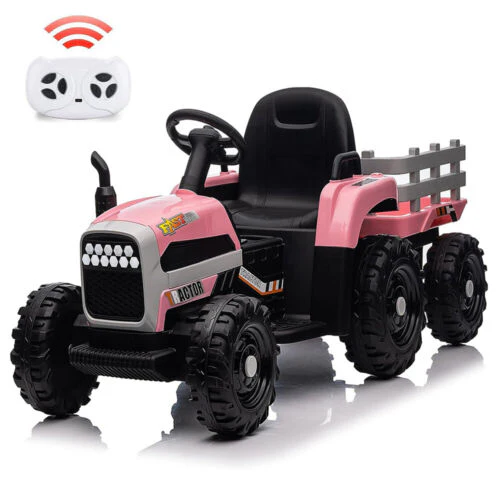 Electric Pink Tractor and Trailer Ride-On Toy for Toddlers (12V)