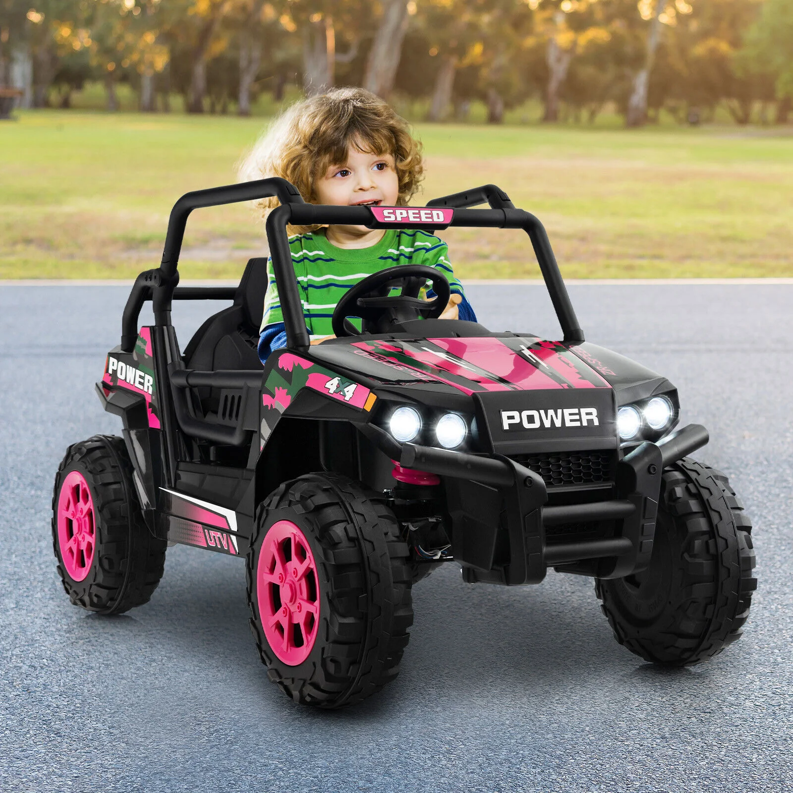 Electric Pink UTV Ride-On Truck for Kids with Remote Control, LED Lights, and Music - Image 3