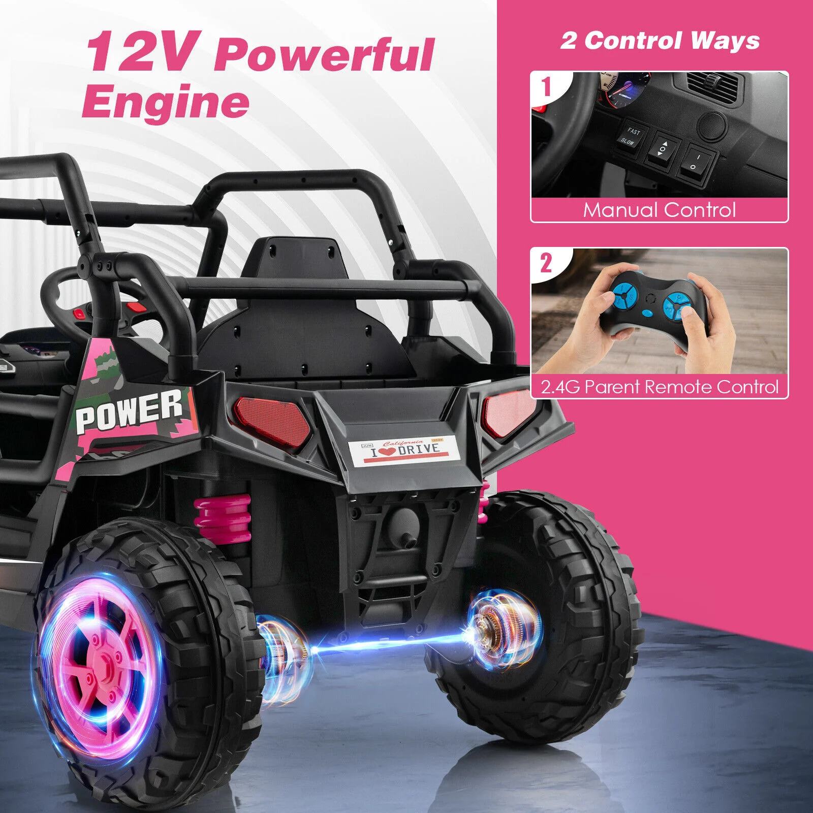 Electric Pink UTV Ride-On Truck for Kids with Remote Control, LED Lights, and Music - Image 5