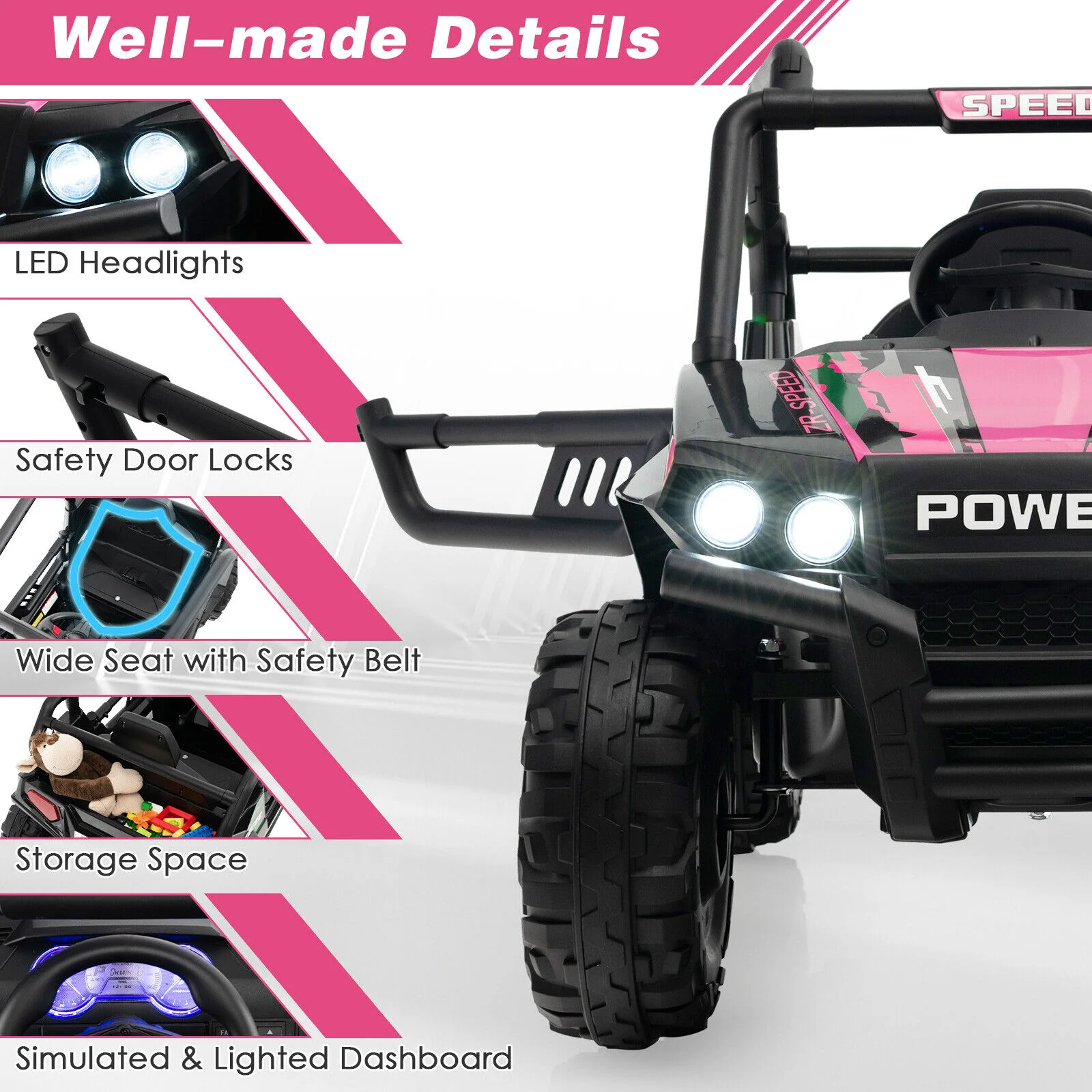 Electric Pink UTV Ride-On Truck for Kids with Remote Control, LED Lights, and Music - Image 9