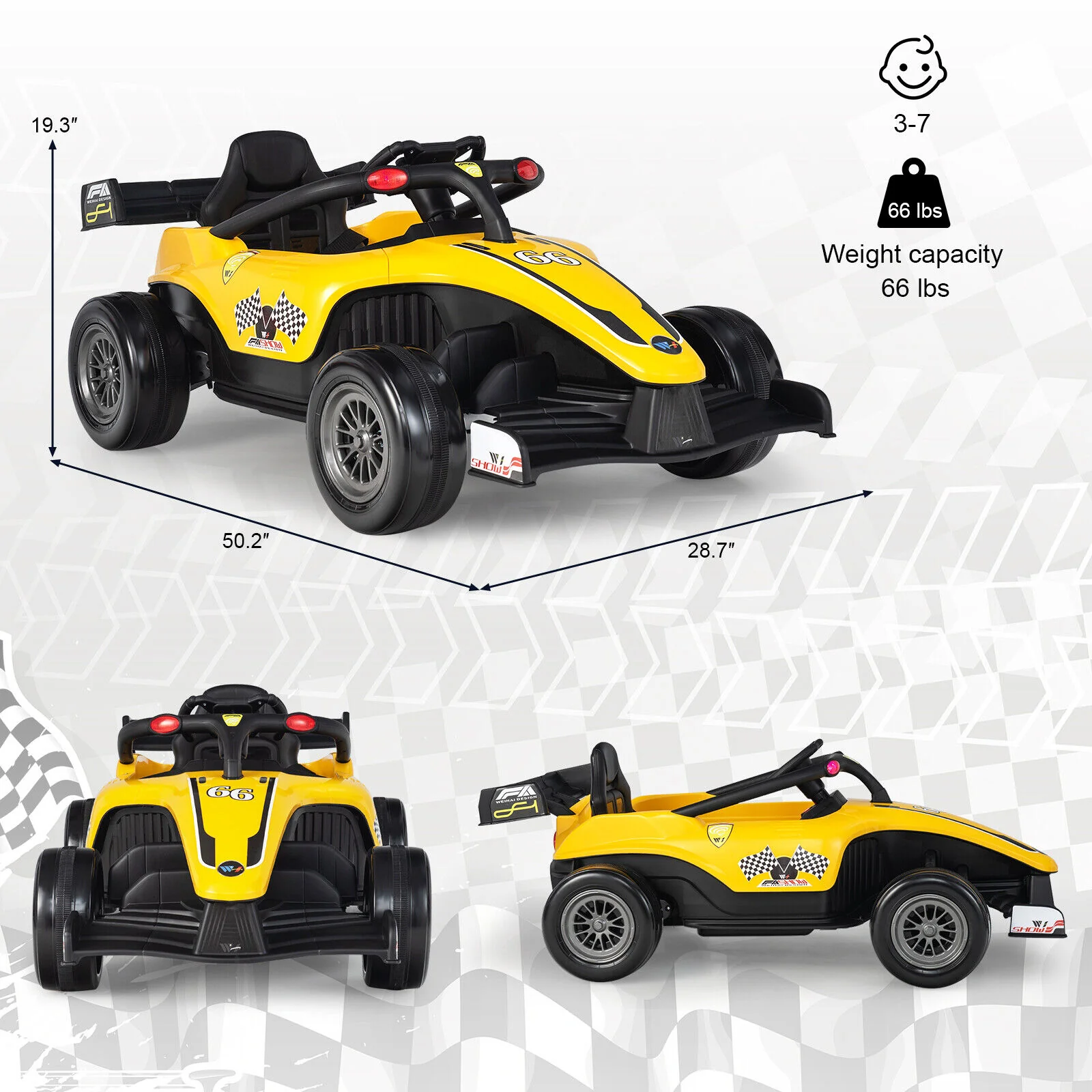 Electric Racing Truck for Kids with 2 Speeds, Remote Control, MP3 Player, and Lights - Yellow - Image 2