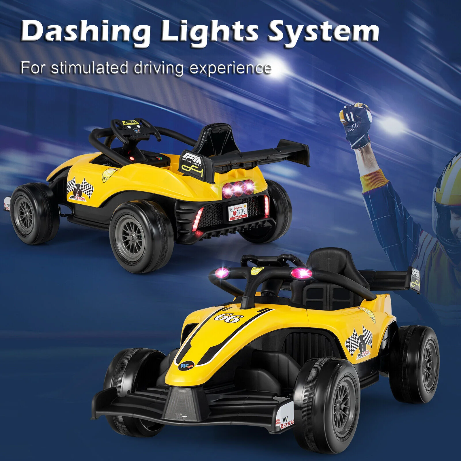 Electric Racing Truck for Kids with 2 Speeds, Remote Control, MP3 Player, and Lights - Yellow - Image 6