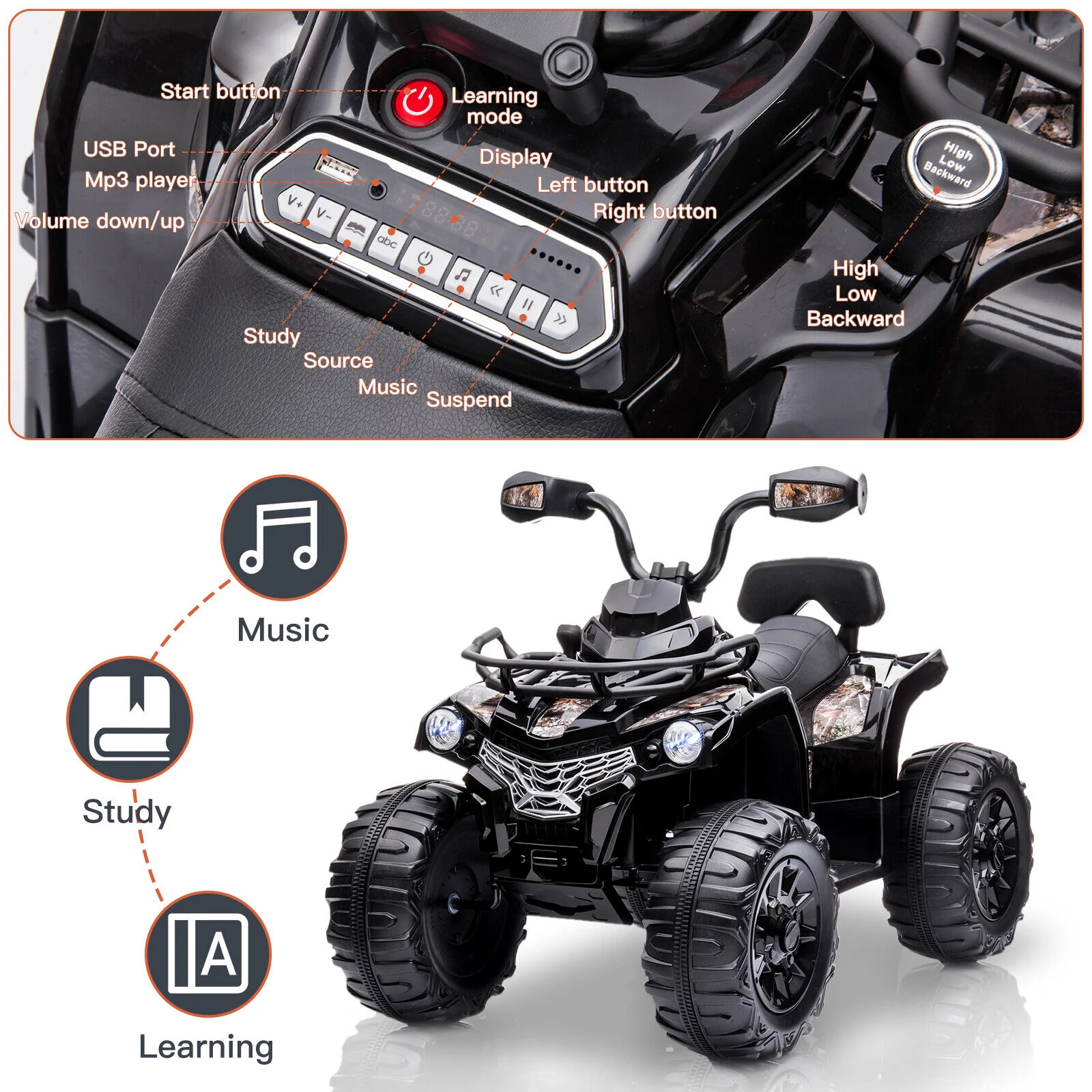 Electric Ride On ATV for Kids with 2 Speeds, MP3 Player, and LED Headlights - 12V 4-Wheeler Quad Car - Image 8