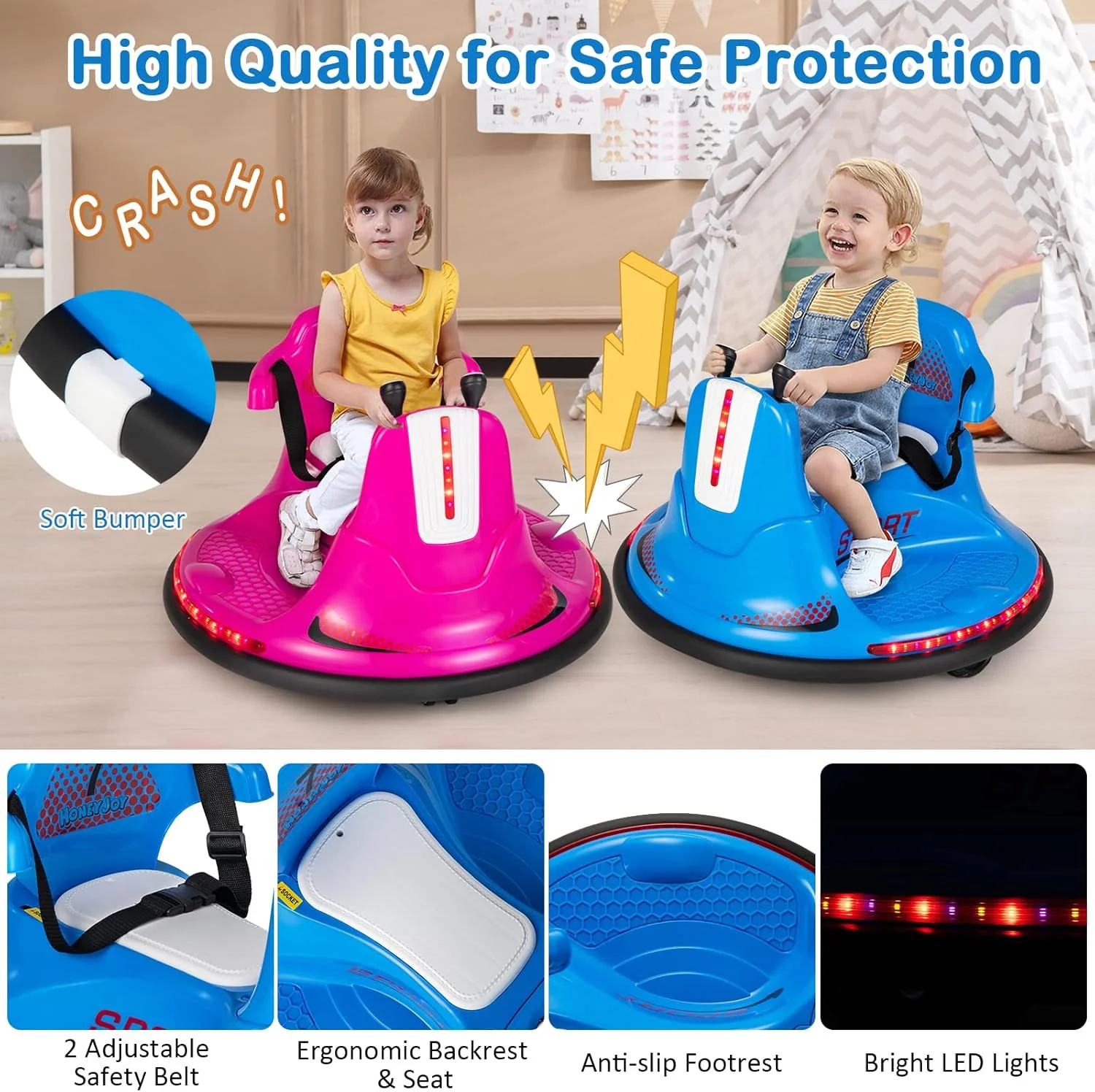 Electric Ride-On Bumper Car 12V with Soft Bumper, Dual Driving Modes, Music, and LED Lights - Image 4